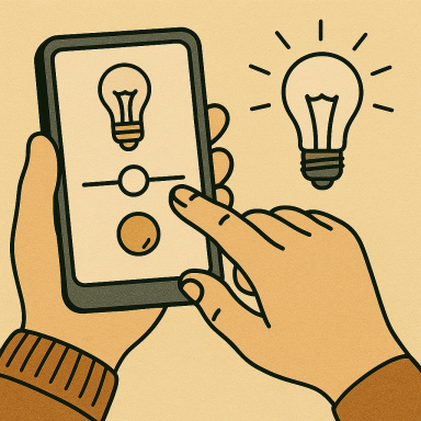 Eine Hand hält ein Smartphone mit einem Lichtschalter und einer Glühbirne.