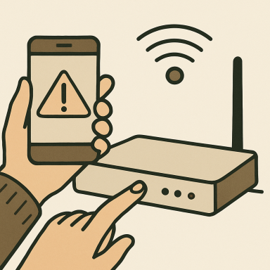 Hand hält ein Smartphone mit Warnsymbol, daneben ein Router mit Signalindikator.