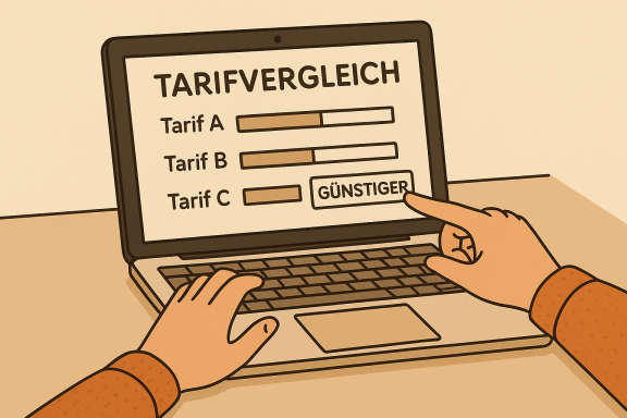 Hände zeigen auf einen Laptop mit Tarifvergleich und hervorgehobenem Tarif.