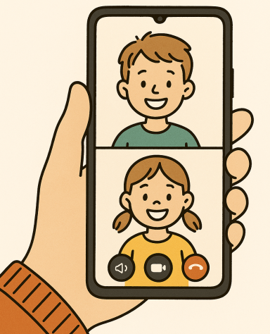 Eine Hand hält ein Smartphone mit zwei lächelnden Kindern im Videoanruf.