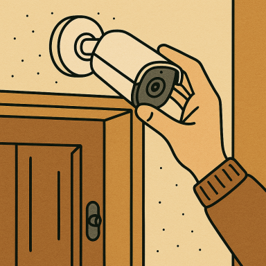 Eine Hand installiert eine Überwachungskamera an einer Wand neben einer Tür.