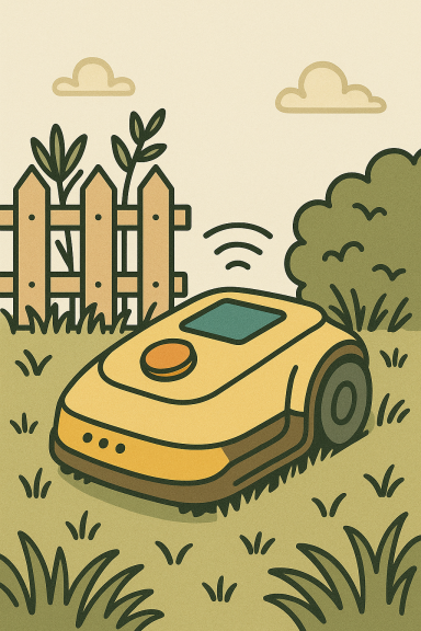 Ein gelber Roboter-Rasenmäher steht im Garten vor einem Zaun.